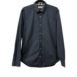 Burberry Monogram Embroidered Button Up Long Sleeve Black Cotton Blend Shirt